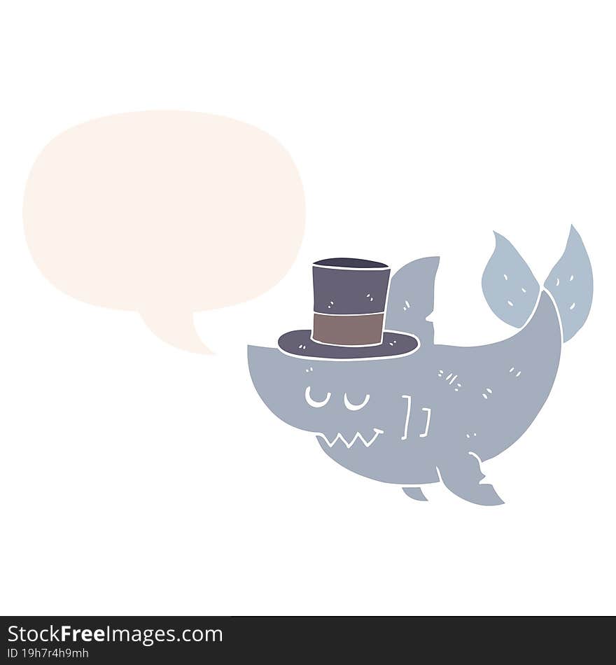 cartoon shark wearing top hat with speech bubble in retro style