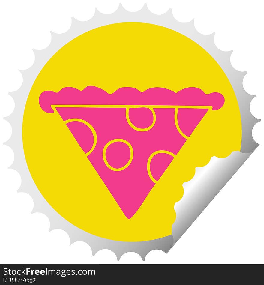 quirky circular peeling sticker cartoon slice of pizza