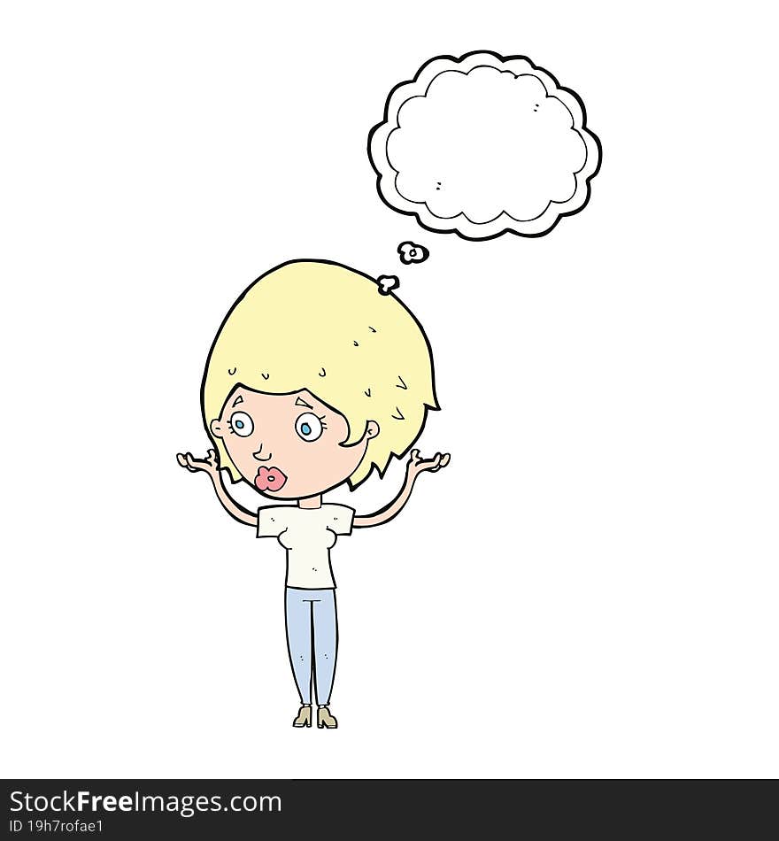 cartoon woman raising hands in air with thought bubble