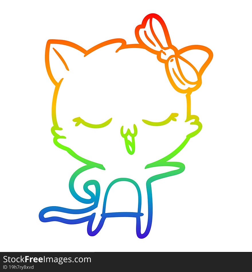 Rainbow Gradient Line Drawing Cartoon Cat With Bow On Head