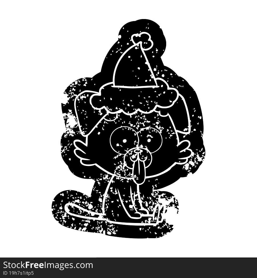 cartoon distressed icon of a sitting dog with tongue sticking out wearing santa hat