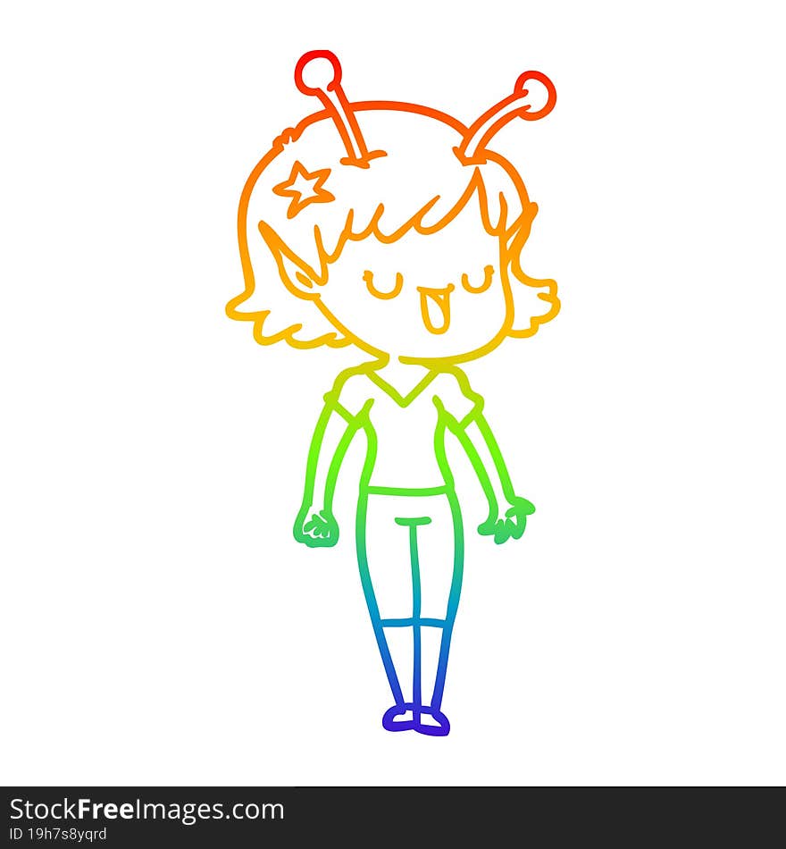 rainbow gradient line drawing happy alien girl cartoon