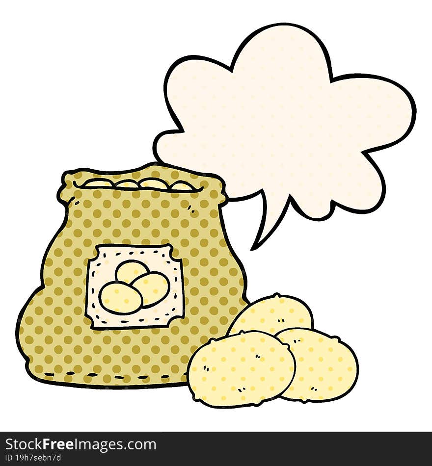 cartoon bag of potatoes and speech bubble in comic book style