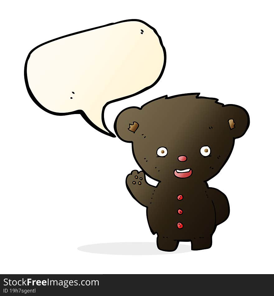 cartoon waving black bear cub with speech bubble