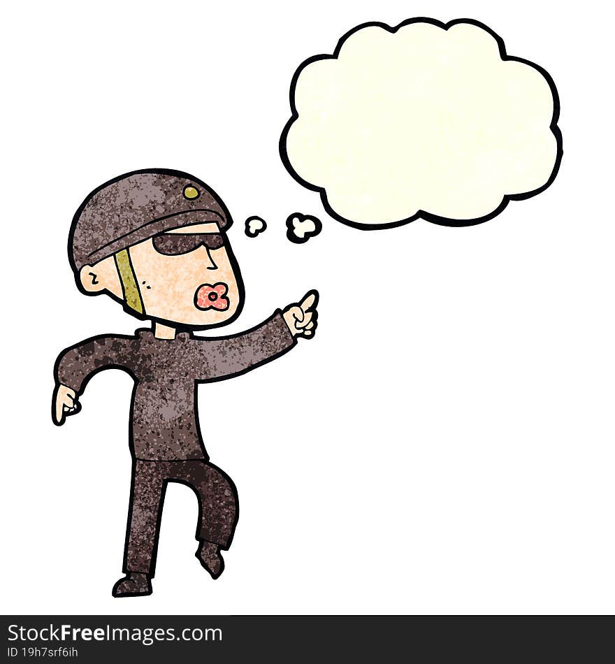 Cartoon Man In Bike Helmet Pointing With Thought Bubble