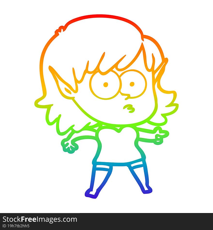 Rainbow Gradient Line Drawing Cartoon Shocked Elf Girl