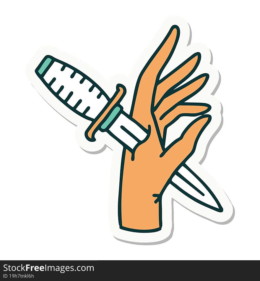 sticker of tattoo in traditional style of a dagger in the hand. sticker of tattoo in traditional style of a dagger in the hand