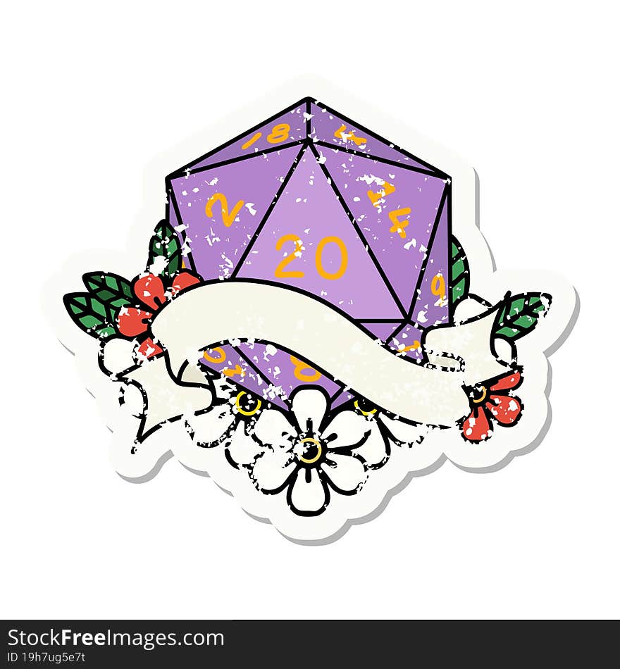 natural twenty D20 dice roll grunge sticker