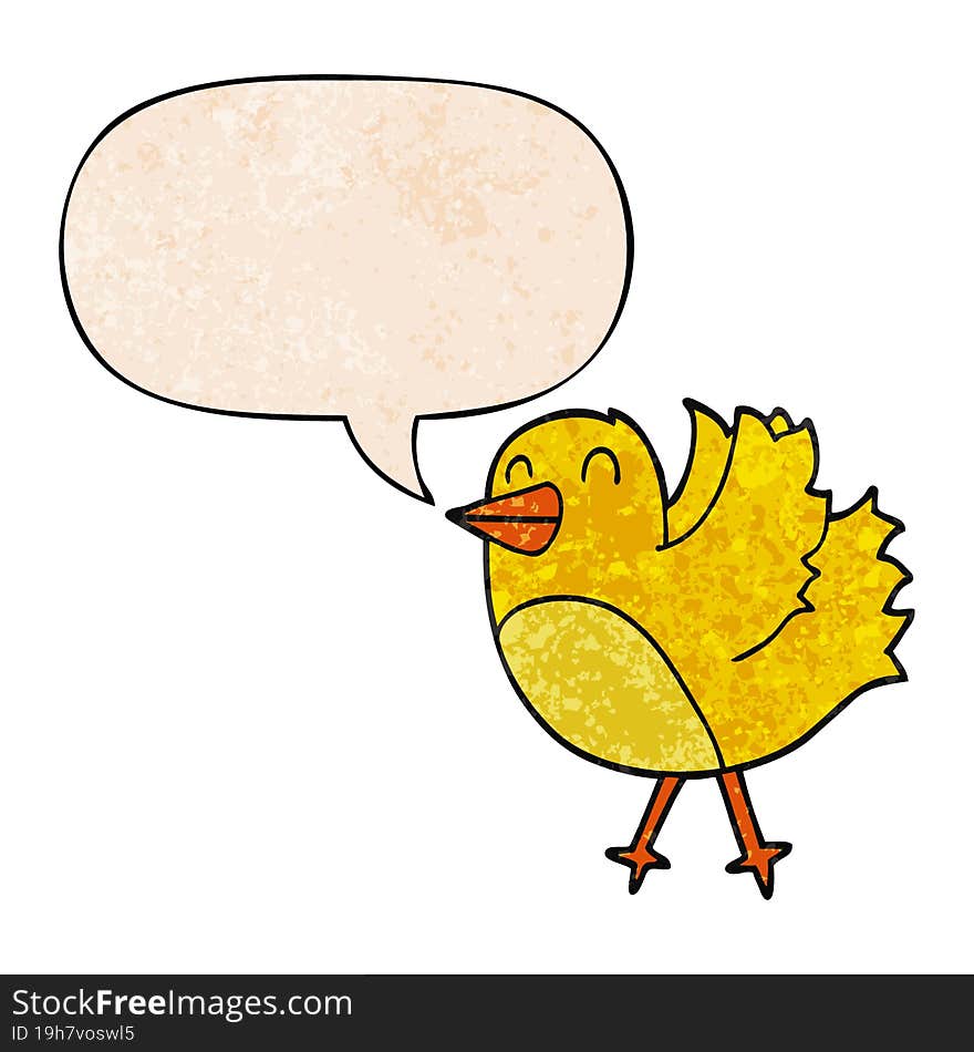 cartoon bird and speech bubble in retro texture style