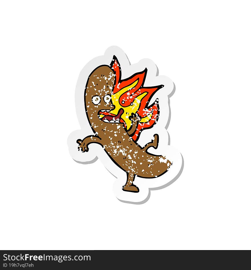 retro distressed sticker of a crazy cartoon sausage