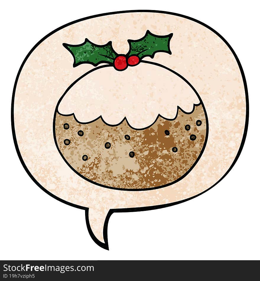 cartoon christmas pudding and speech bubble in retro texture style