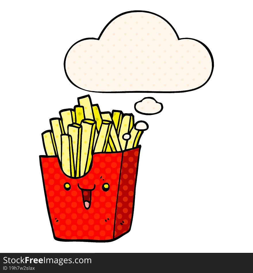 cute cartoon box of fries and thought bubble in comic book style