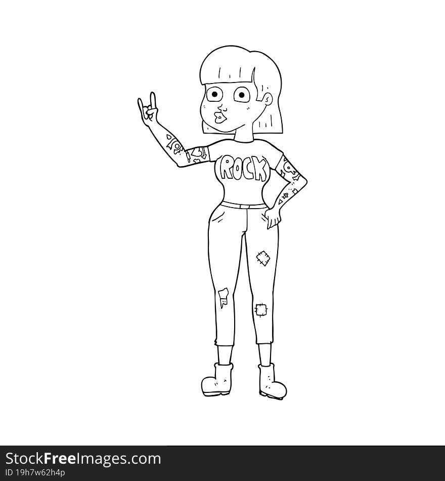 freehand drawn black and white cartoon rock girl