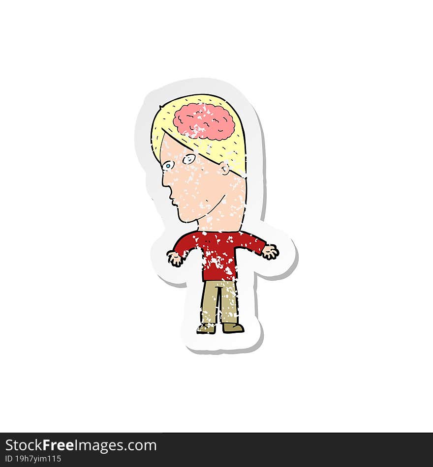 retro distressed sticker of a cartoon man with brain symbol