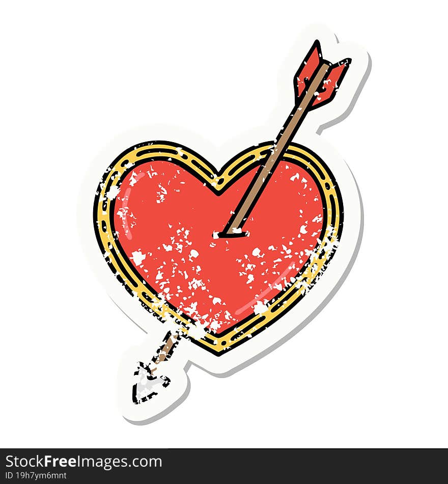 distressed sticker tattoo in traditional style of an arrow and heart. distressed sticker tattoo in traditional style of an arrow and heart