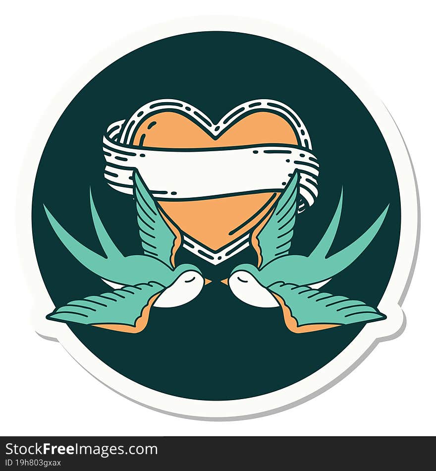 sticker of tattoo in traditional style of swallows and a heart with banner. sticker of tattoo in traditional style of swallows and a heart with banner