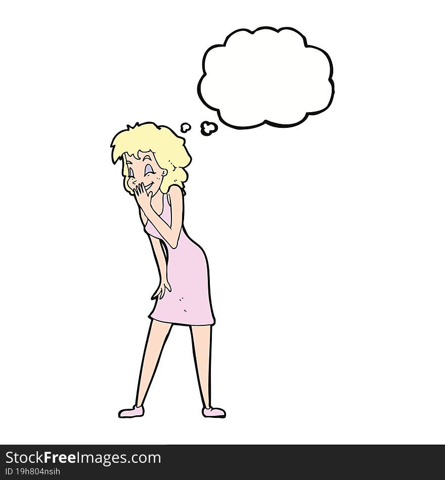 cartoon woman laughing with thought bubble