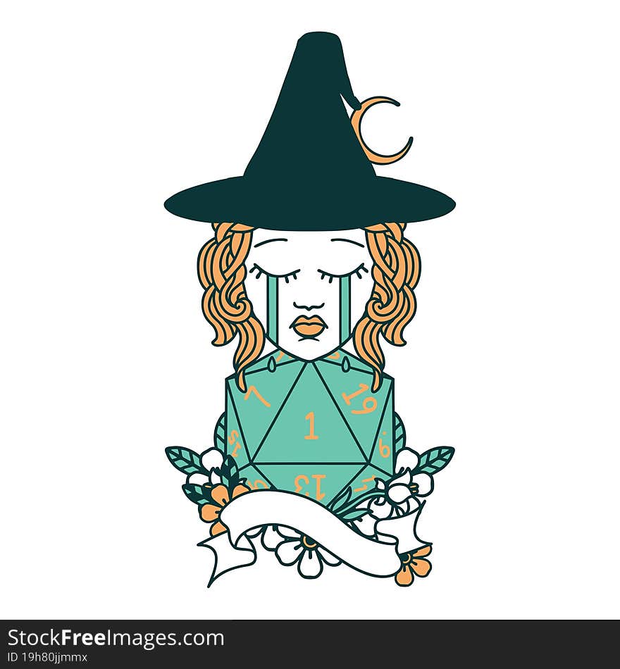 human witch with natural one D20 roll illustration