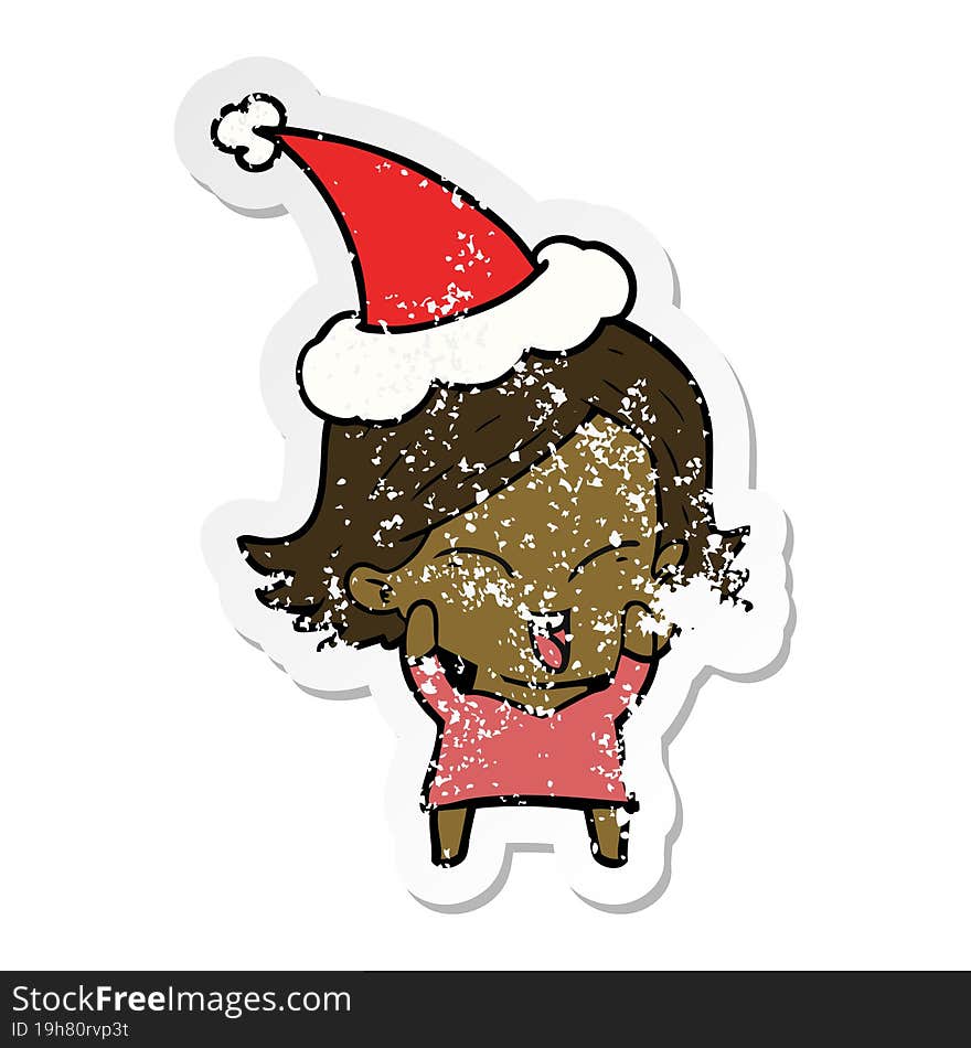 happy distressed sticker cartoon of a girl wearing santa hat