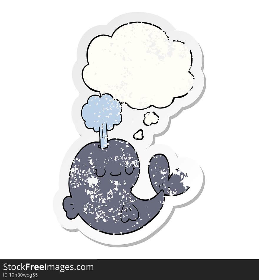 cute cartoon whale and thought bubble as a distressed worn sticker