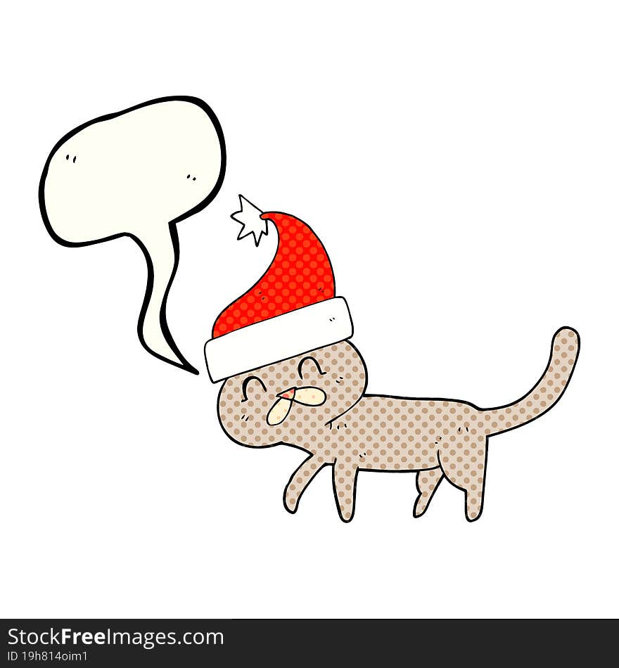 freehand drawn comic book speech bubble cartoon cat wearing christmas hat