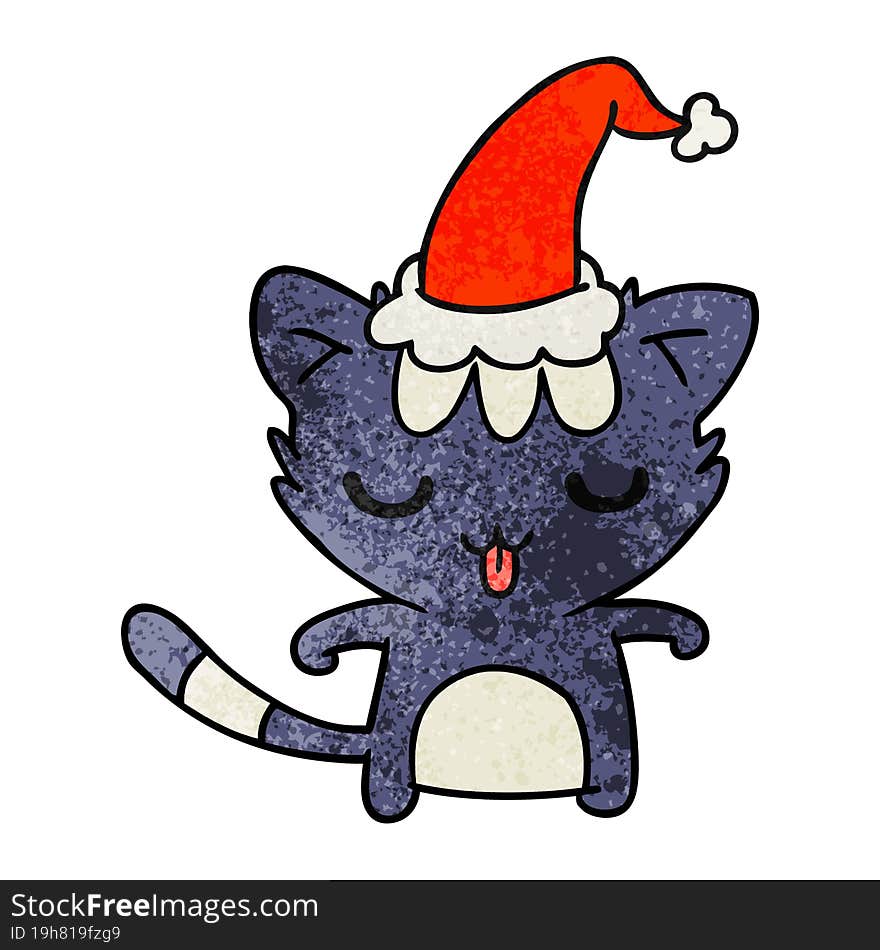 hand drawn christmas textured cartoon of kawaii cat