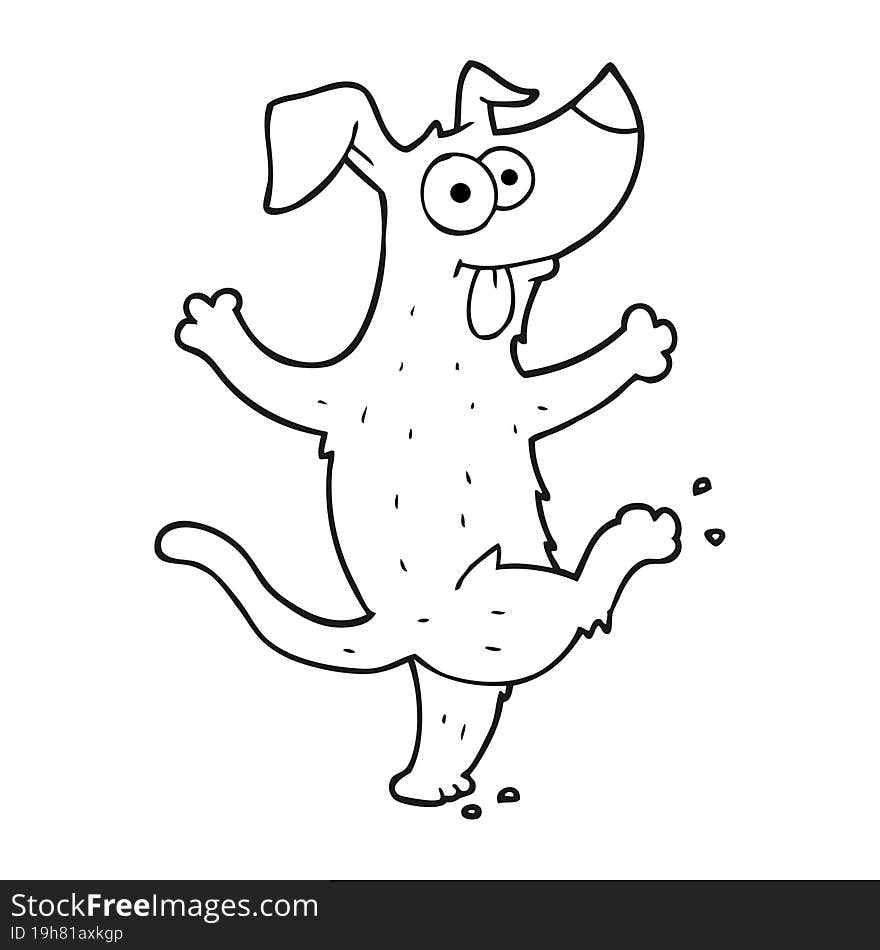 freehand drawn black and white cartoon dancing dog