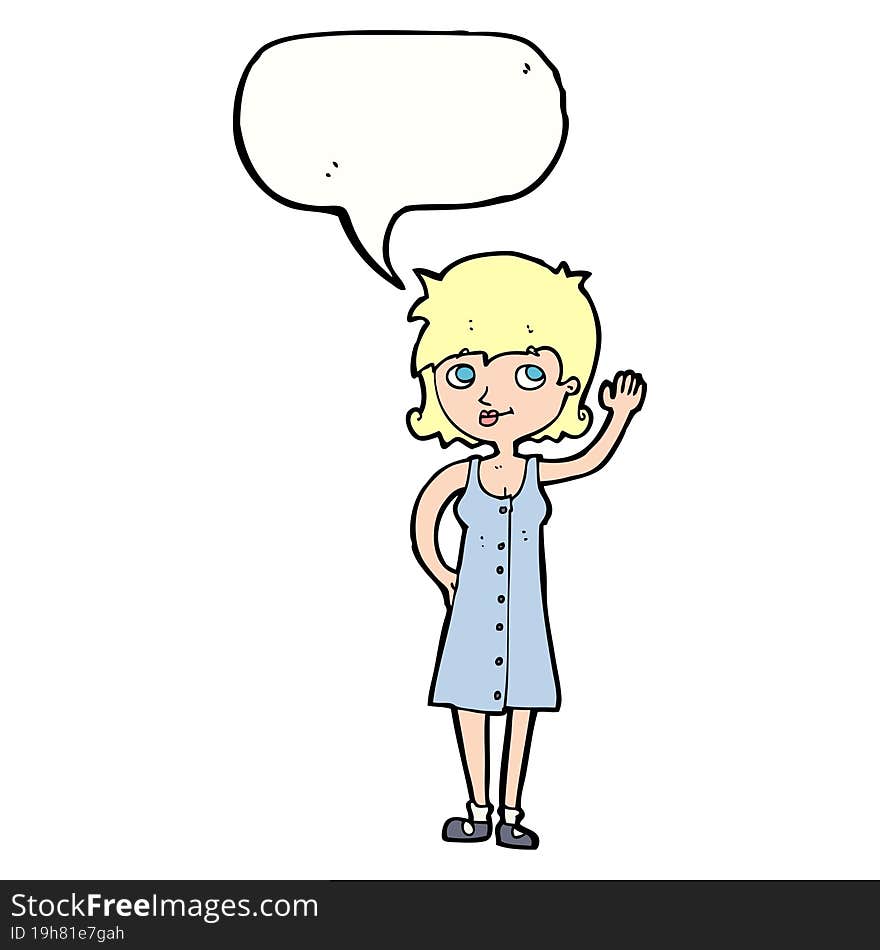 cartoon pretty woman waving with speech bubble