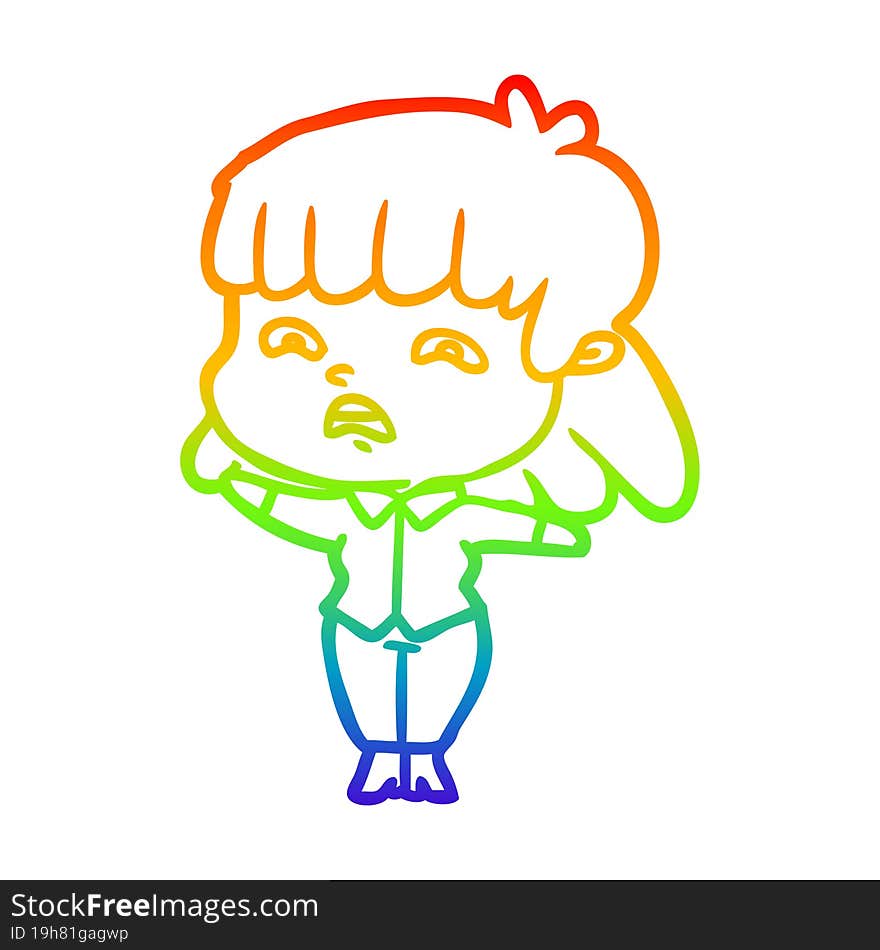 rainbow gradient line drawing of a cartoon worried woman