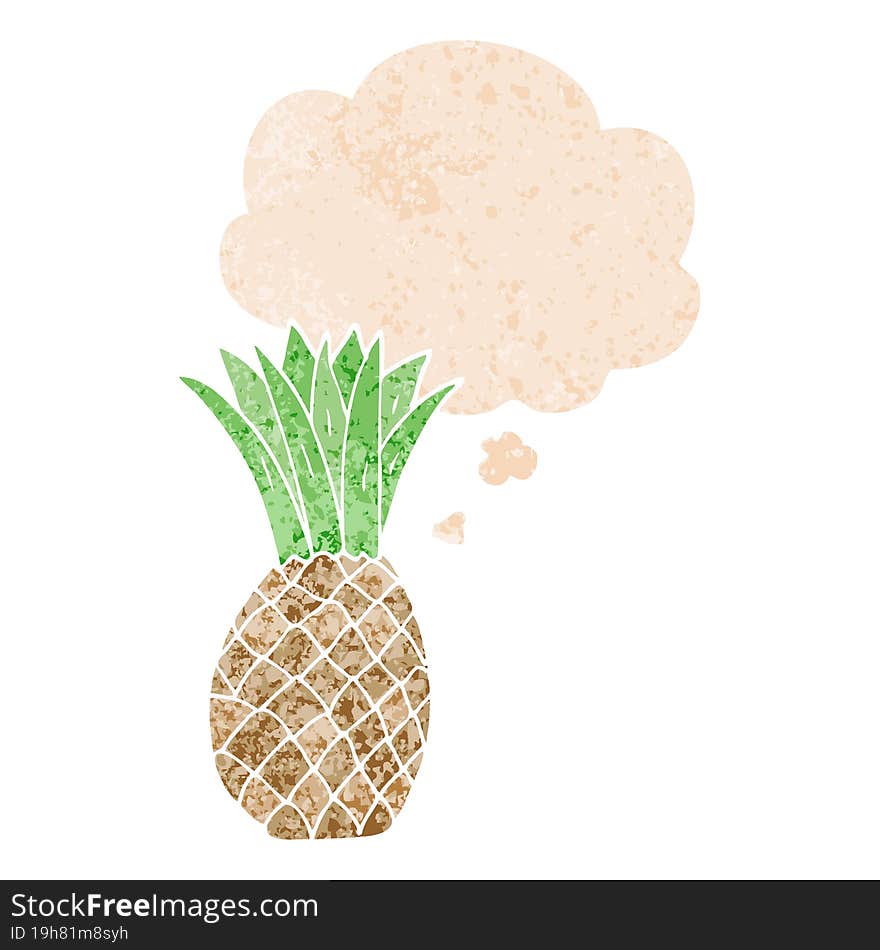 cartoon pineapple and thought bubble in retro textured style