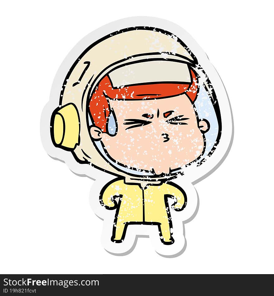 distressed sticker of a cartoon stressed astronaut