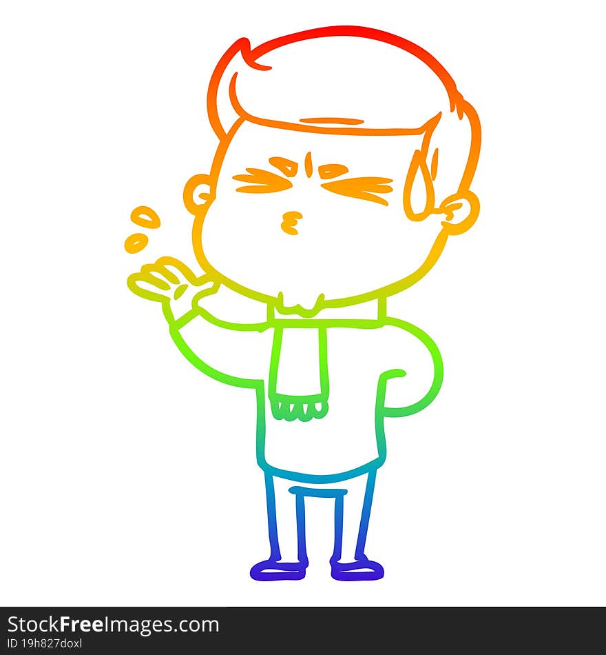 Rainbow Gradient Line Drawing Cartoon Man Sweating