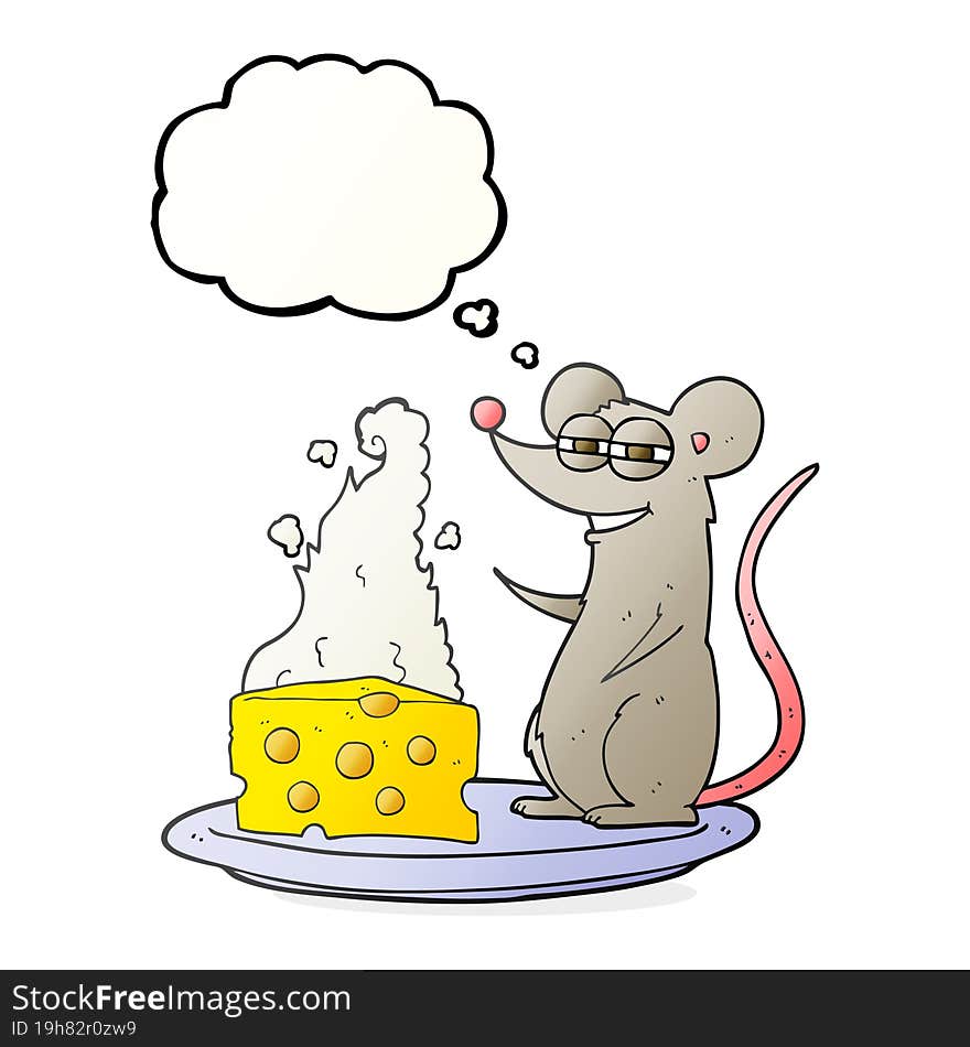 freehand drawn thought bubble cartoon mouse with cheese