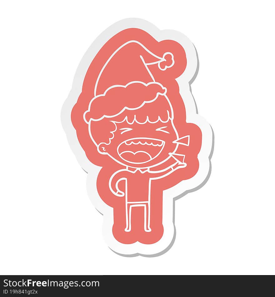 cartoon  sticker of a laughing man wearing santa hat