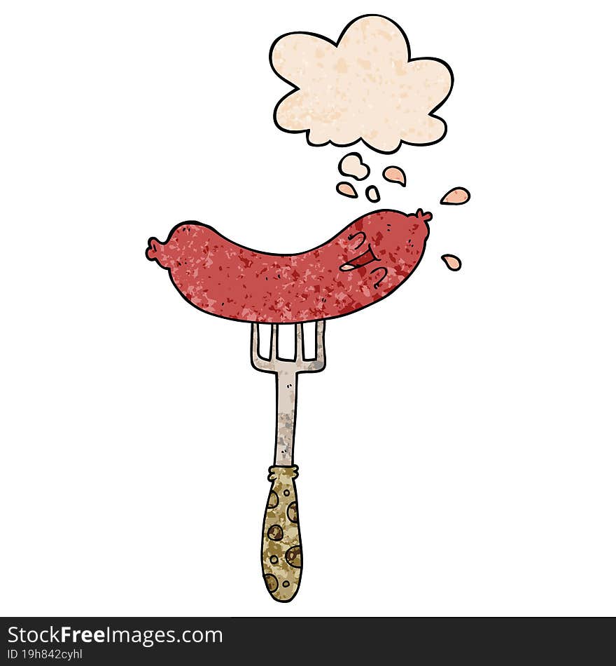 cartoon happy sausage on fork and thought bubble in grunge texture pattern style