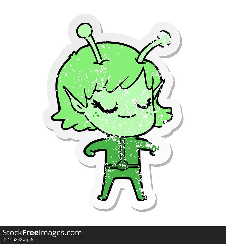 distressed sticker of a smiling alien girl cartoon