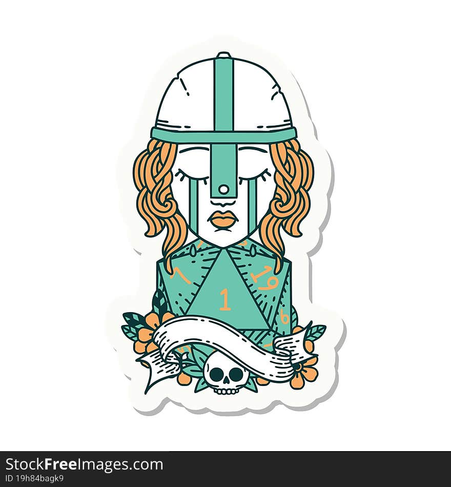 crying human fighter with natural one D20 dice roll sticker