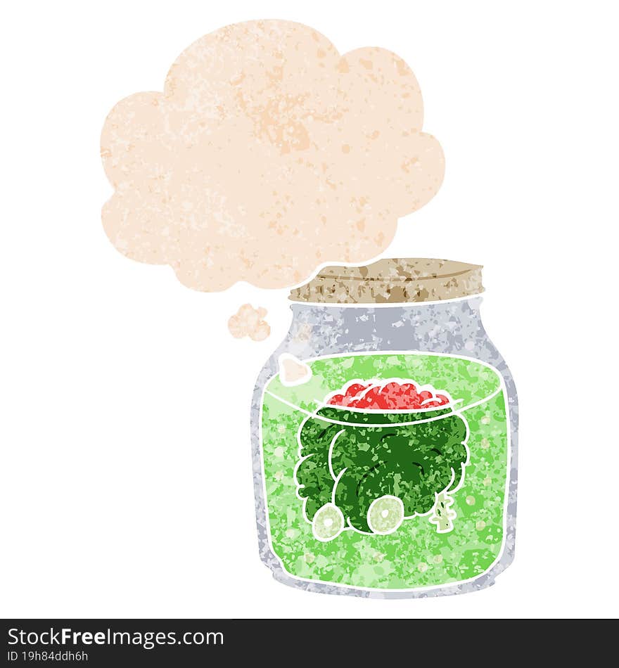 Cartoon Spooky Brain In Jar And Thought Bubble In Retro Textured Style