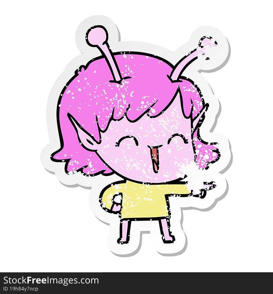 distressed sticker of a cartoon alien girl laughing