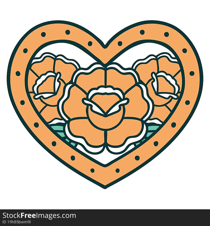 iconic tattoo style image of a heart and flowers. iconic tattoo style image of a heart and flowers