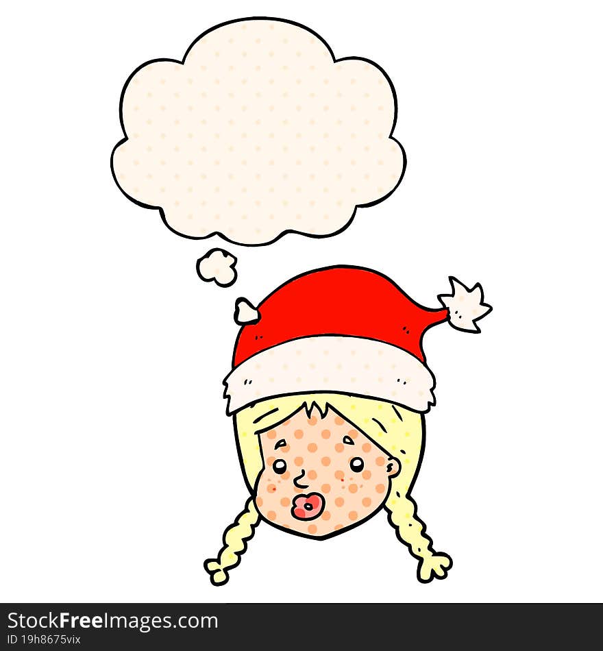 cartoon girl wearing christmas hat with thought bubble in comic book style