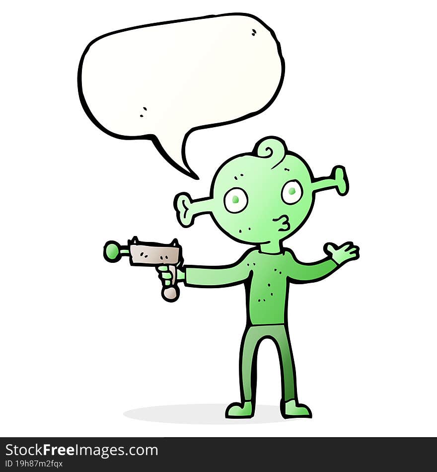 Cartoon Alien With Ray Gun With Speech Bubble