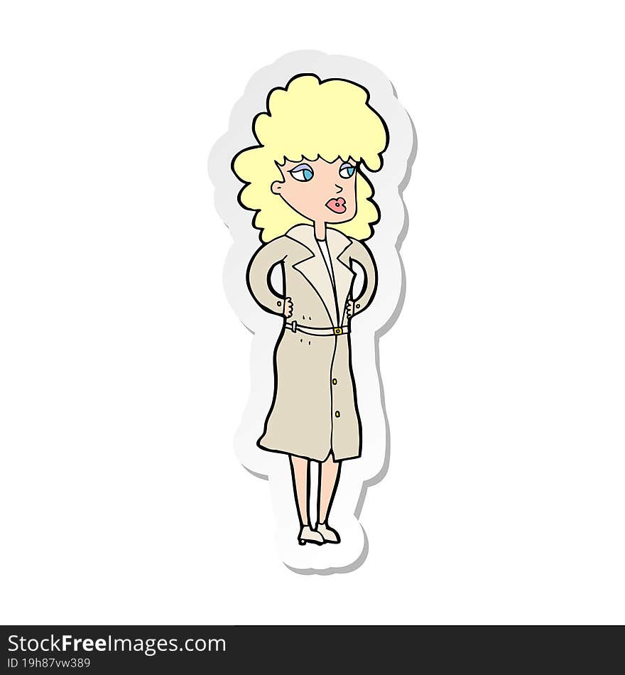 sticker of a cartoon woman in trench coat