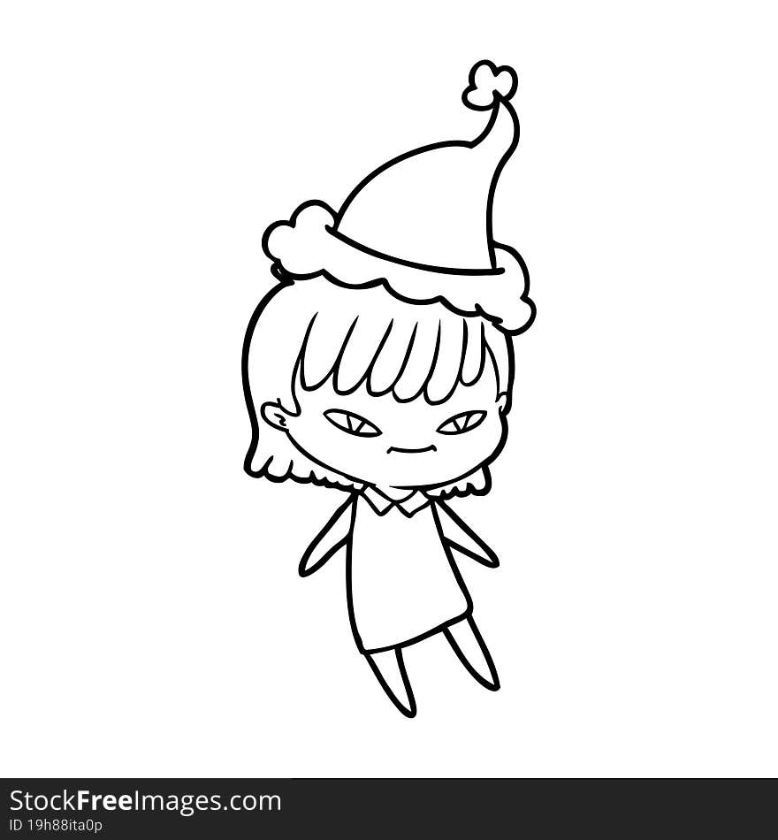 hand drawn line drawing of a woman wearing santa hat