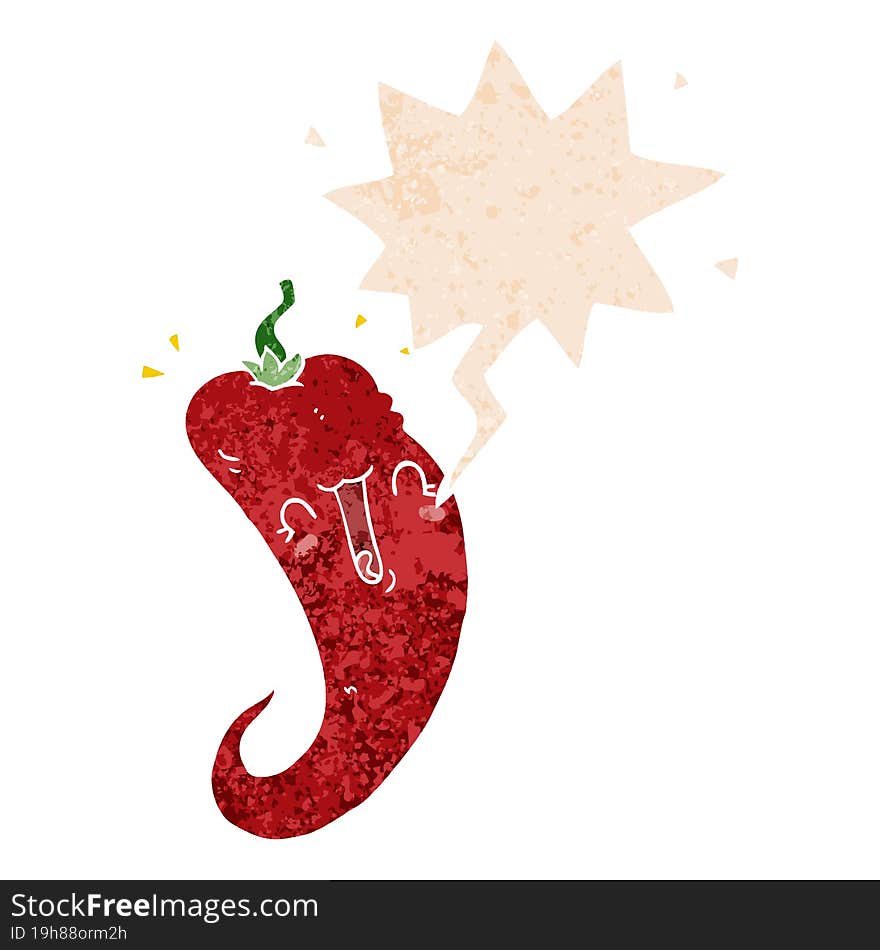 cartoon chili pepper and speech bubble in retro textured style