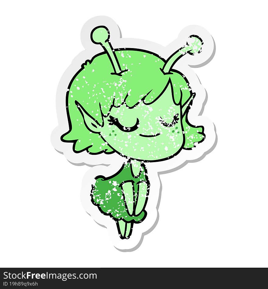 distressed sticker of a smiling alien girl cartoon