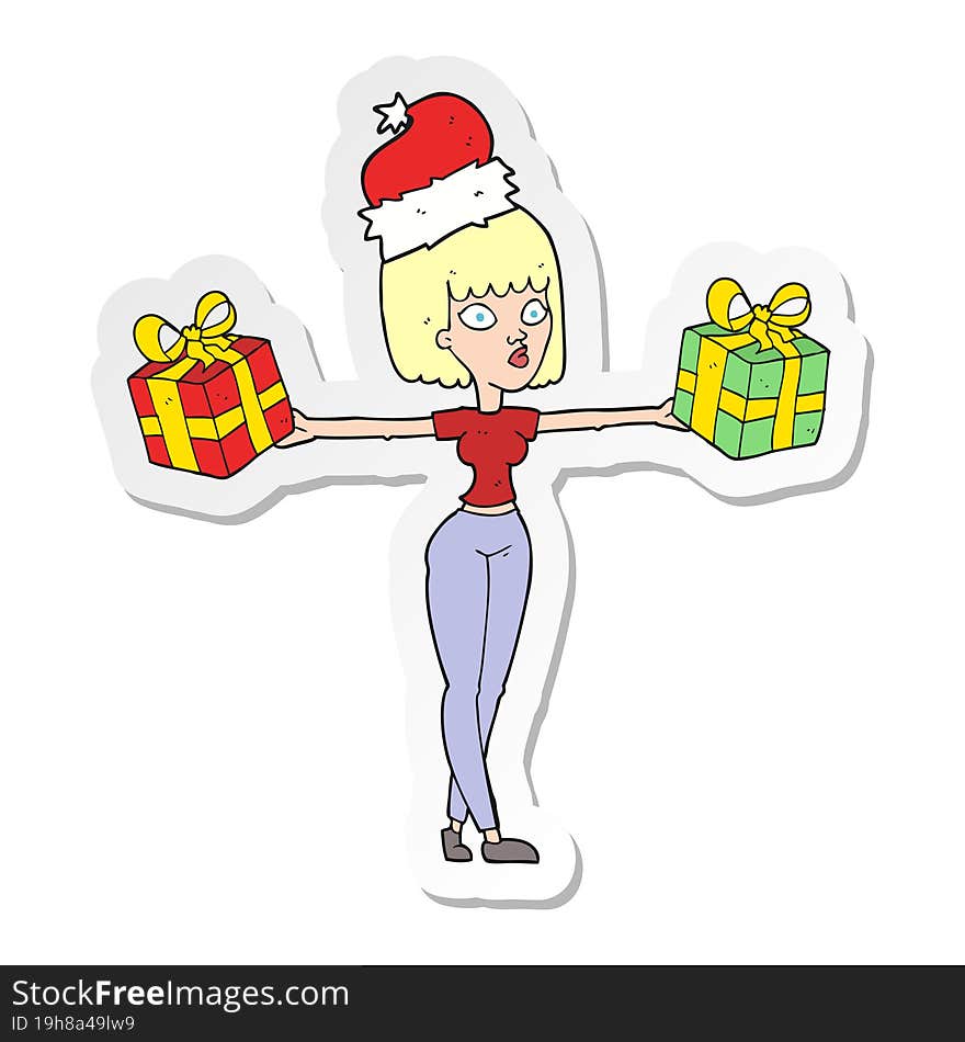 sticker of a cartoon woman with xmas presents