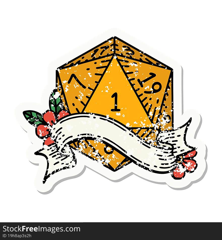 grunge sticker of a natural one d20 dice roll. grunge sticker of a natural one d20 dice roll