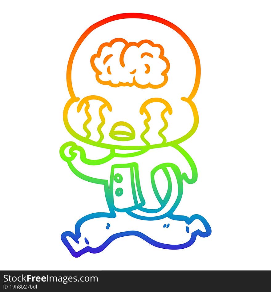 rainbow gradient line drawing cartoon big brain alien crying running