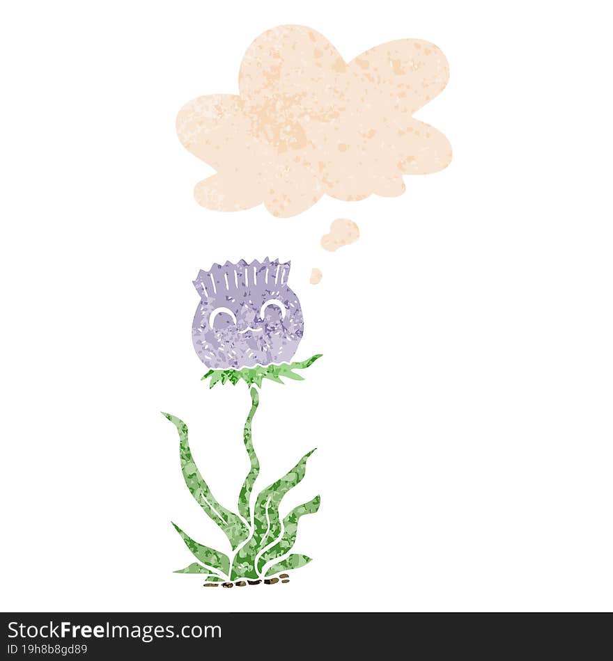 cartoon thistle and thought bubble in retro textured style